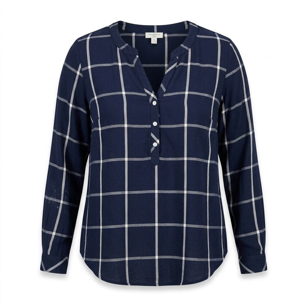 Talbots Blue V-Neck Lightweight Plaid Button Blouse Women Plus Size 1X